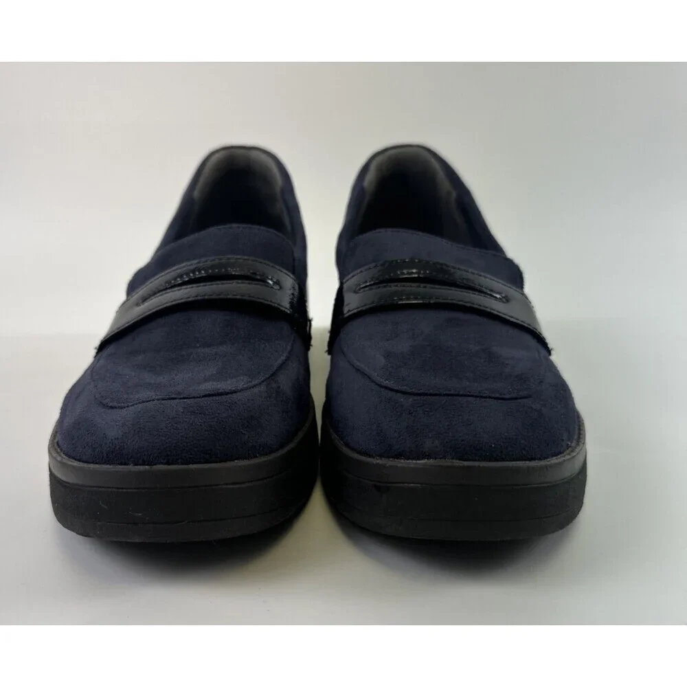 Bzees Fast‎ Track Platform Loafer Navy Blue Faux Suede Wedge Slip On Womens 10